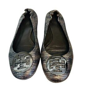 Tory Burch Slip-On Leather Snakeskin Print Reva Ballet Flats Womens Gray Sz 9.5